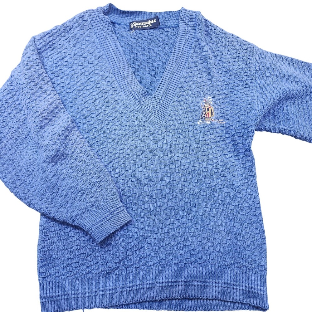 Scottish Isle By Bernette Sweater Mens Large Blue V Neck Golf Knit Pullover